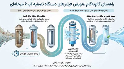راهنمای کامل تعویض فیلترهای دستگاه تصفیه آب خانگی ۶ مرحلهای